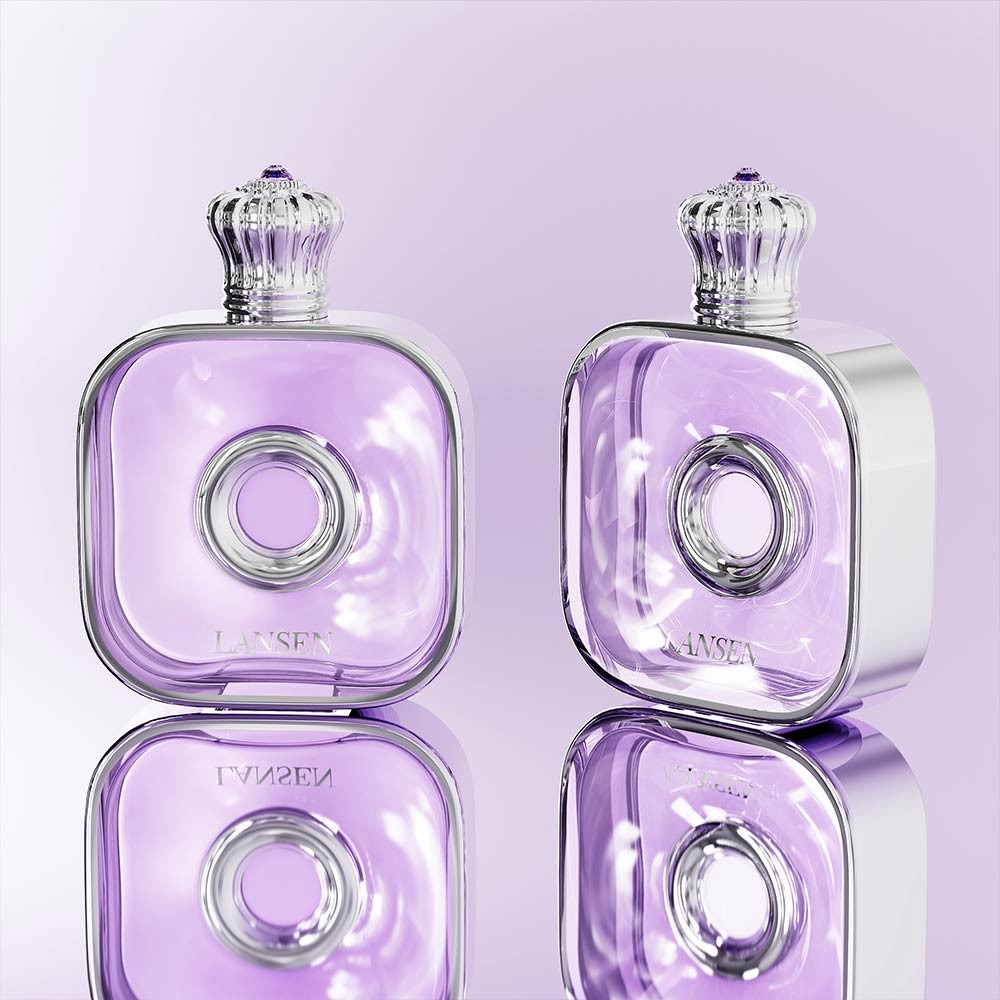 50ml flat square glass perfume bottle in lavender with a silver crown shaped cap and a circular ring detail on the front panel, shown from the front and the side