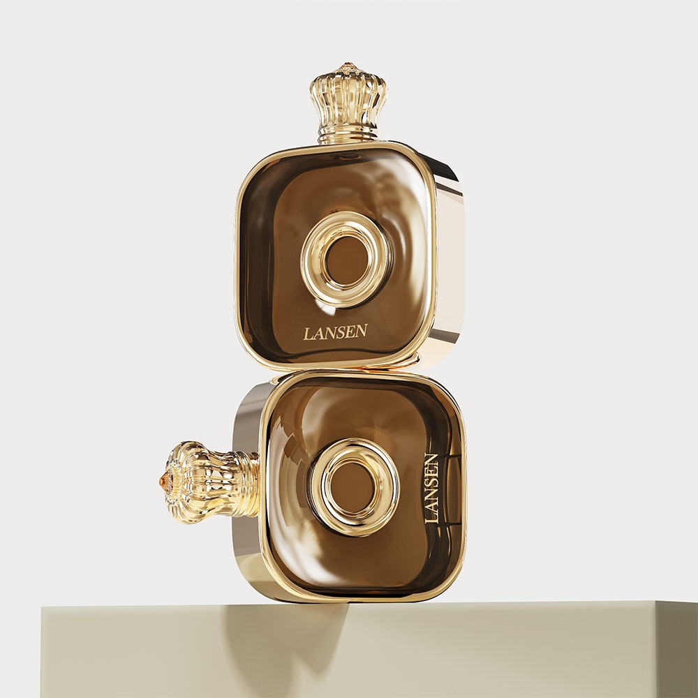 amber brown 50ml flat square perfume bottles with gold crown caps and gold plated frames, one standing on top of the other