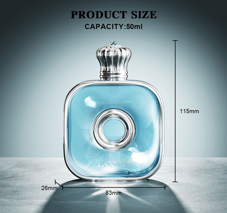 50ml flat square perfume bottle size chart showing 115mm overall height, 83mm width and 26mm depth