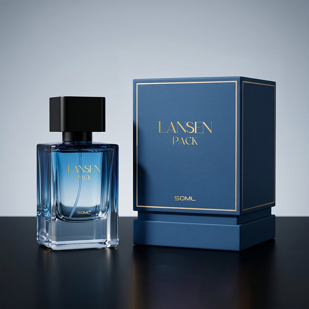 50ml rectangular blue cologne bottle with a black square cap standing beside a blue rigid box with a gold border line