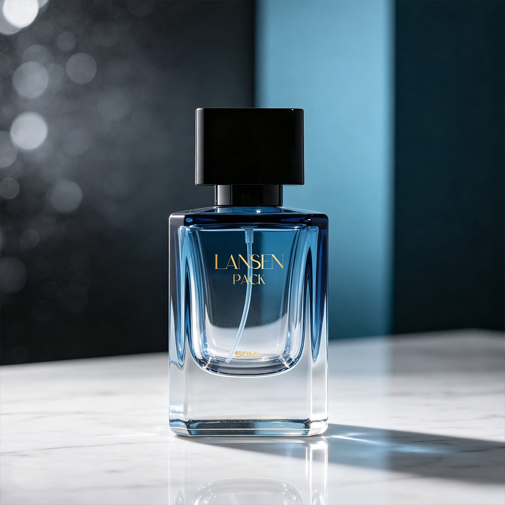 50ml rectangular blue cologne bottle with a black square cap on a marble surface against a blue background