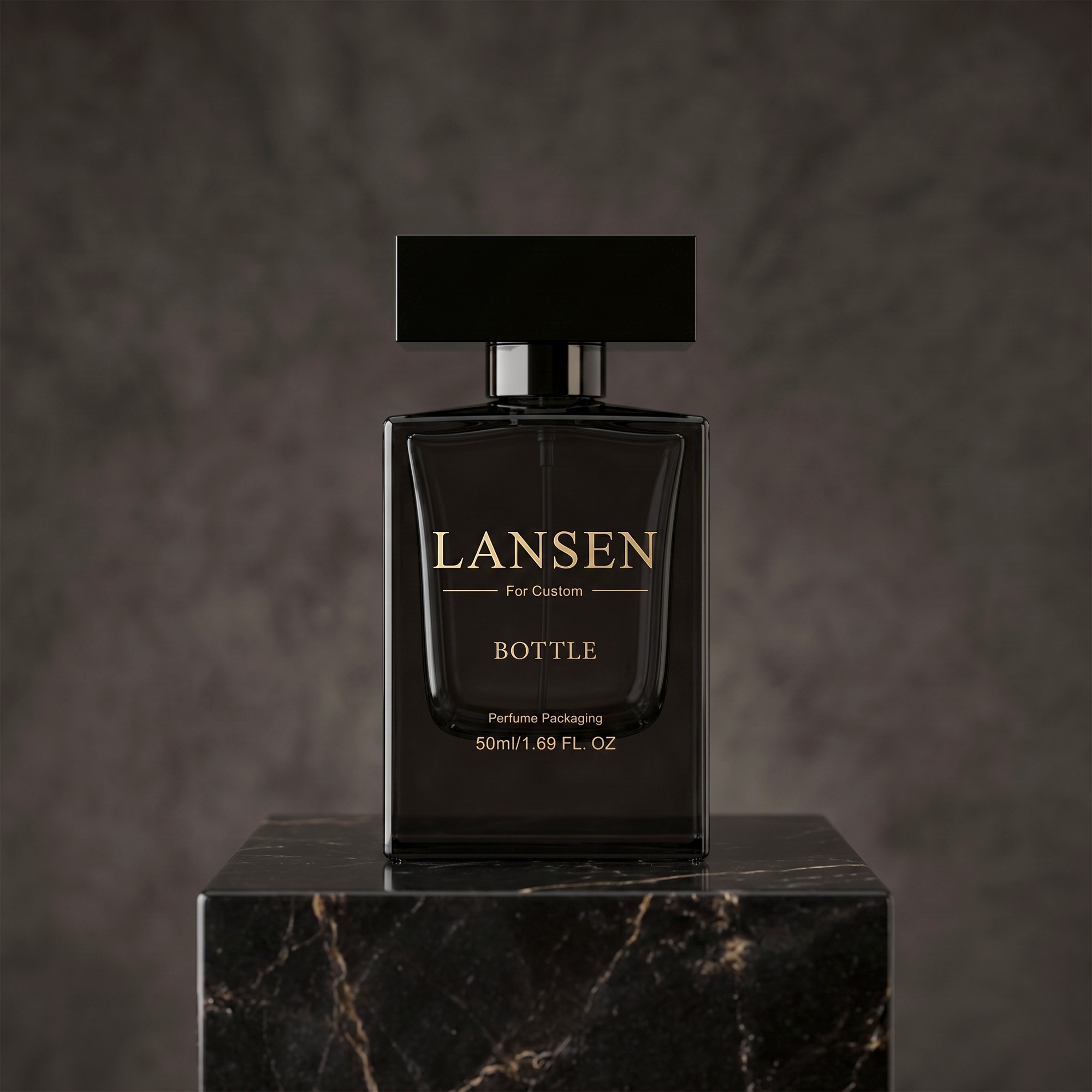 50ml red rectangular cologne bottle with a gold band under a black top plate standing on a dark reflective console