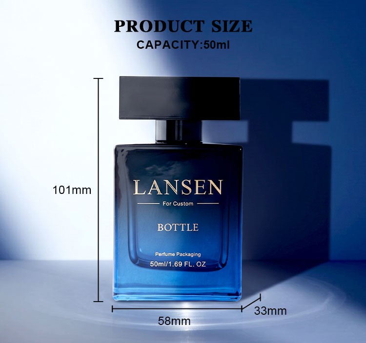 50ml rectangular cologne bottle size chart showing 101mm overall height 58mm body width and 33mm body depth