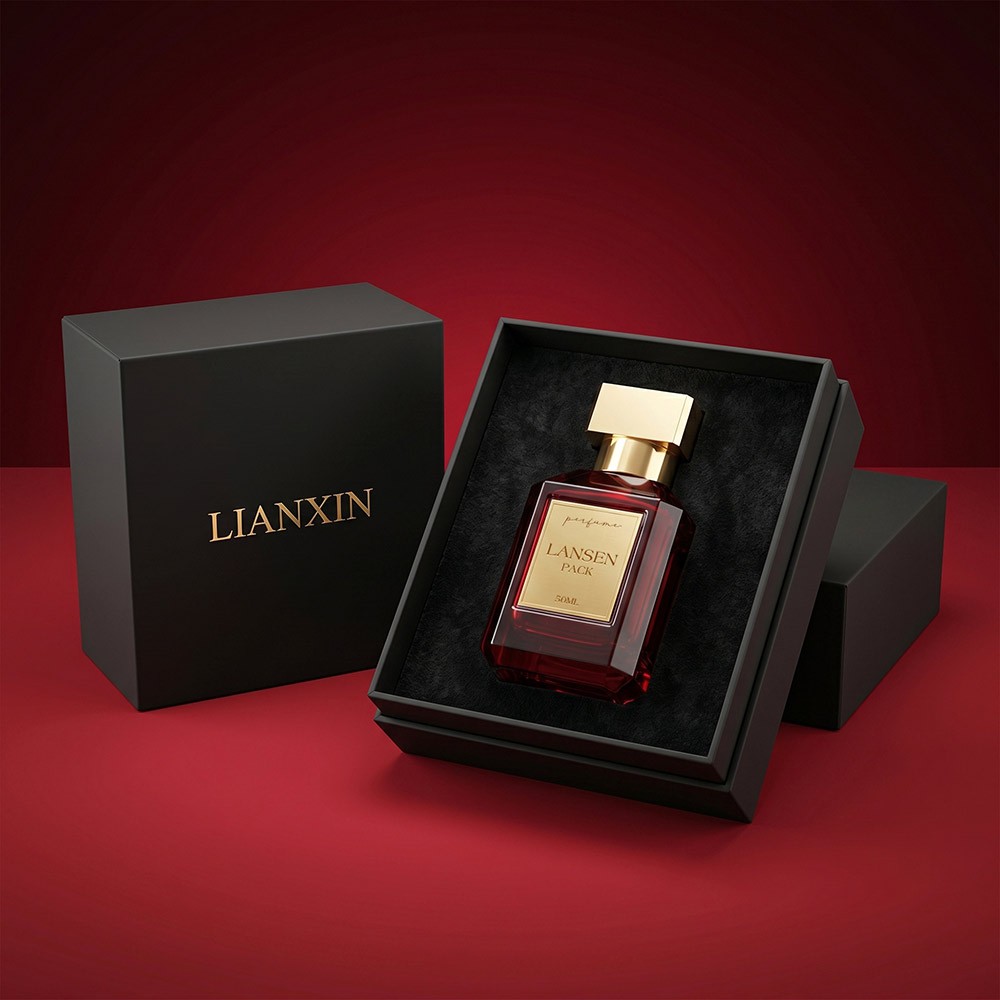 50ml rectangular perfume bottle seated in the black foam insert of an open black rigid gift box with the lid resting beside it