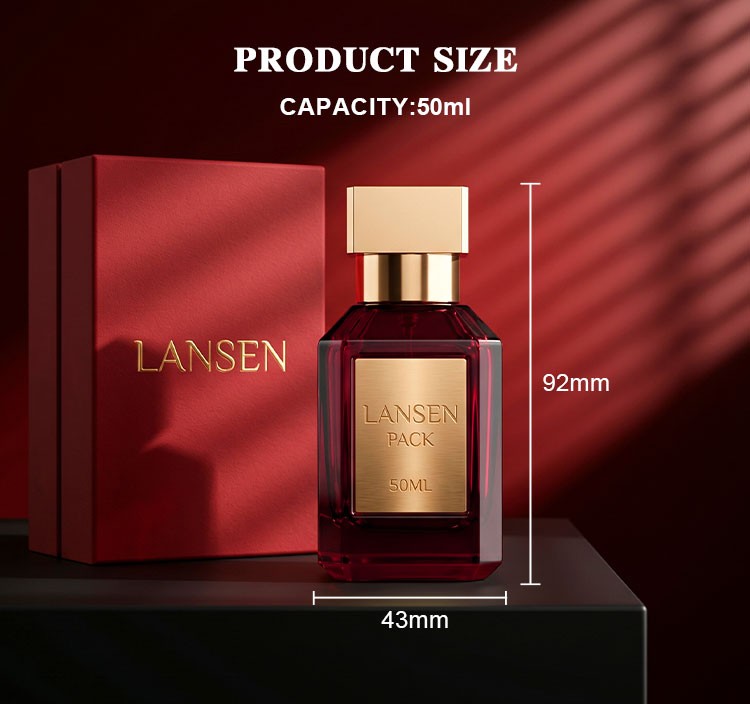 50ml rectangular perfume bottle size chart showing 92mm overall height and 43mm body width