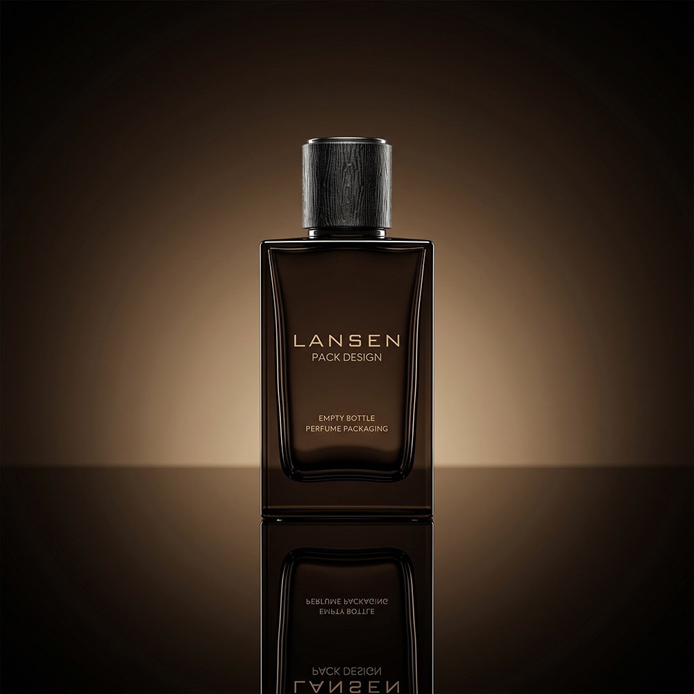 50ml smoky brown rectangular glass perfume bottle with a textured black cylindrical cap on a reflective dark surface
