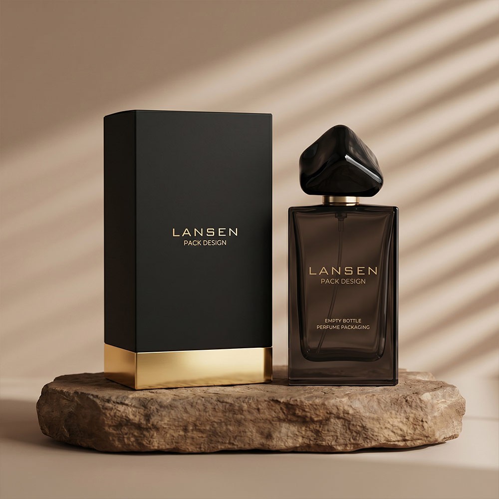 50ml smoky brown rectangular glass perfume bottle with a faceted black gem cap standing beside a matte black box on a gold plinth