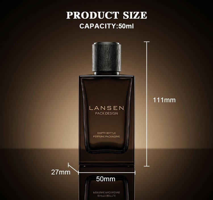 50ml smoky brown perfume bottle size chart showing 111mm overall height, 50mm body width and 27mm body depth