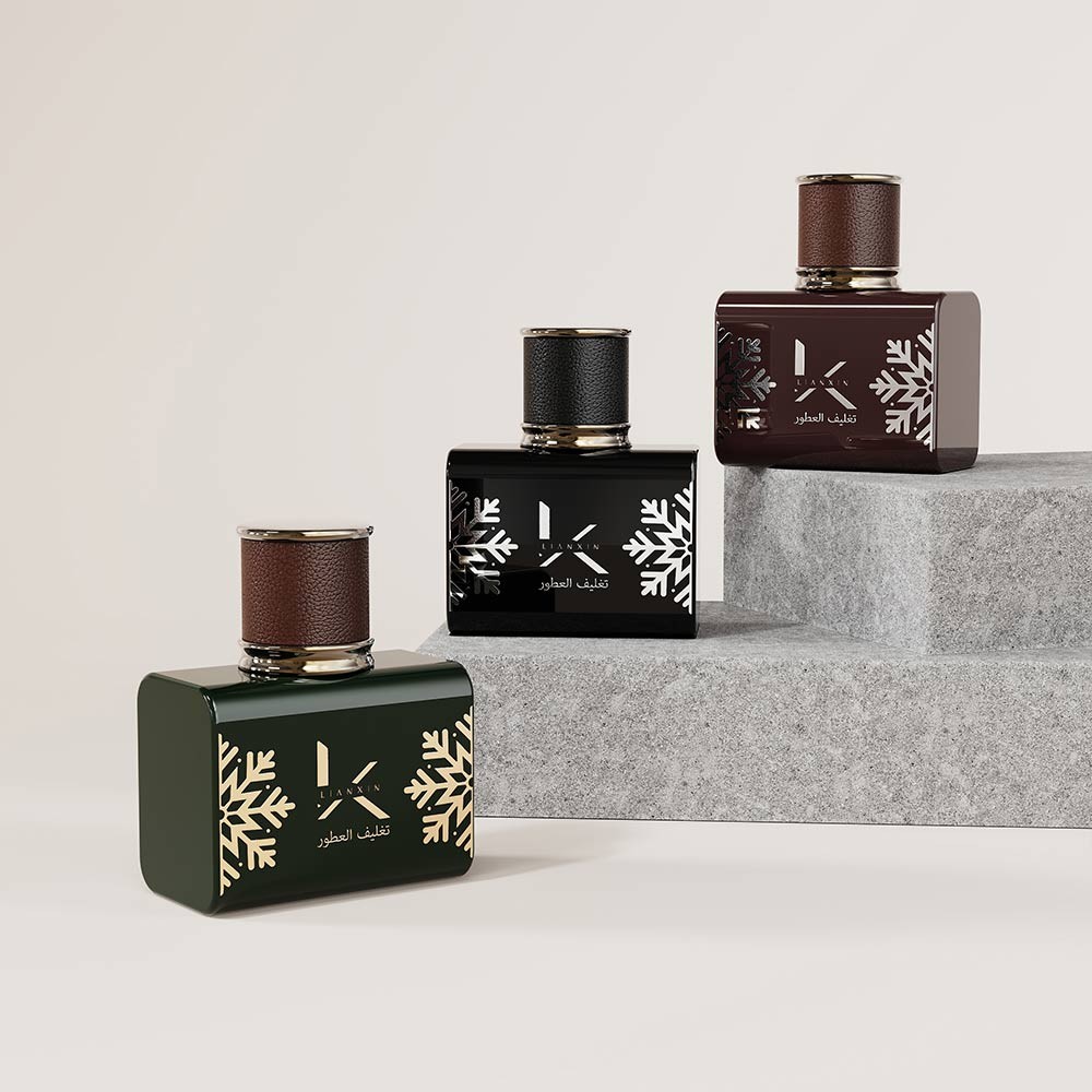 50ml square glass perfume bottle with rounded shoulders shown in dark green, black and brown with leather-grain caps