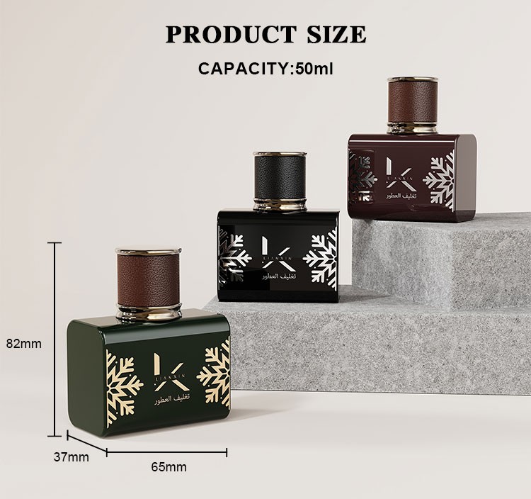 50ml square perfume bottle size chart showing 82mm overall height, 65mm width and 37mm depth