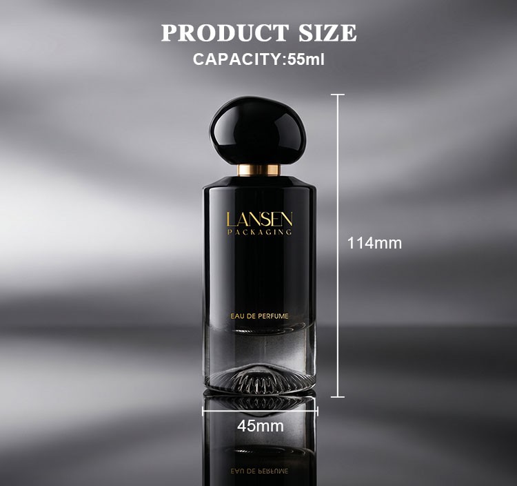 55ml black gradient perfume bottle size chart showing 114mm overall height and 45mm body width