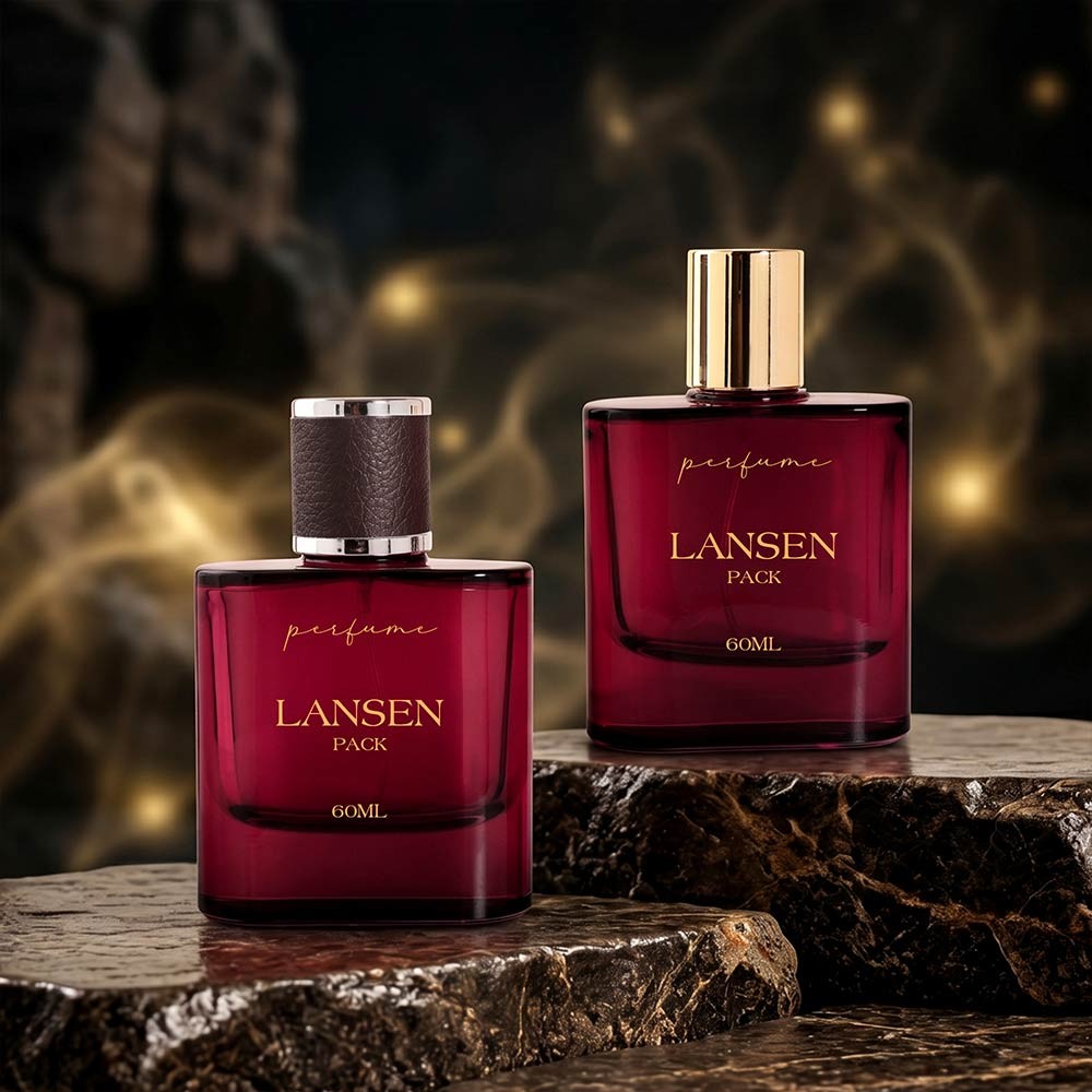 two 60ml rounded corner red perfume bottles shown together, one with a dark leather cap and one with a plain gold cap