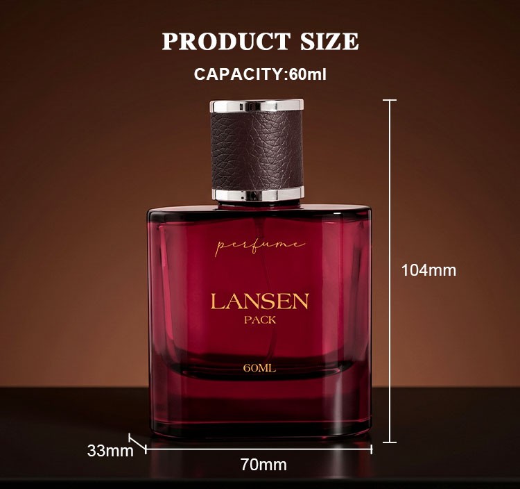 60ml rounded corner perfume bottle size chart showing 104mm overall height, 70mm width and 33mm depth