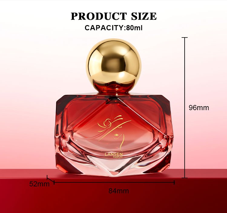 80ml diamond cut perfume bottle size chart showing 96mm overall height, 84mm front width and 52mm depth