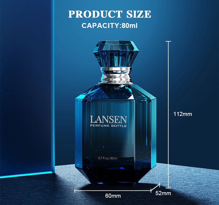 80ml octagonal perfume bottle size chart showing 112mm overall height, 60mm front width and 52mm depth