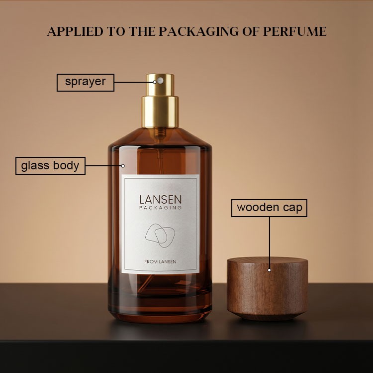 amber cylinder perfume bottle structure diagram labelling the sprayer, the glass body and the wooden cap, applied to the packaging of perfume