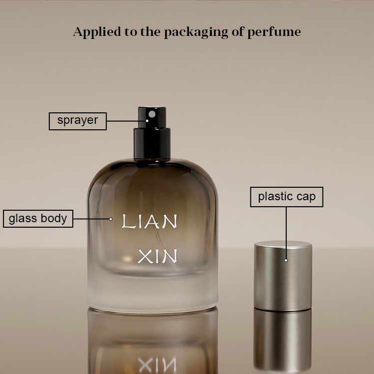 barrel shaped perfume bottle structure diagram labelling the black sprayer the glass body and the brushed silver plastic cap applied to the packaging of perfume