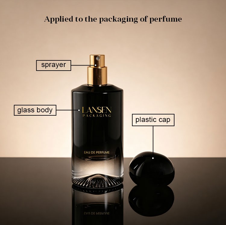 black gradient perfume bottle structure diagram labelling the gold sprayer, the glass body and the black plastic ball cap, applied to the packaging of perfume