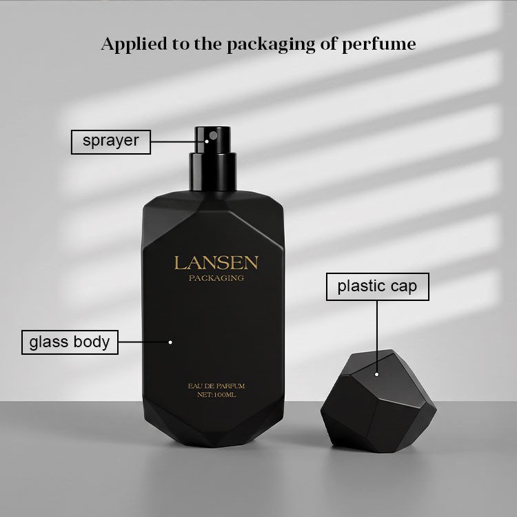 black irregular perfume bottle structure diagram labelling the sprayer, the glass body and the faceted plastic cap, applied to the packaging of perfume