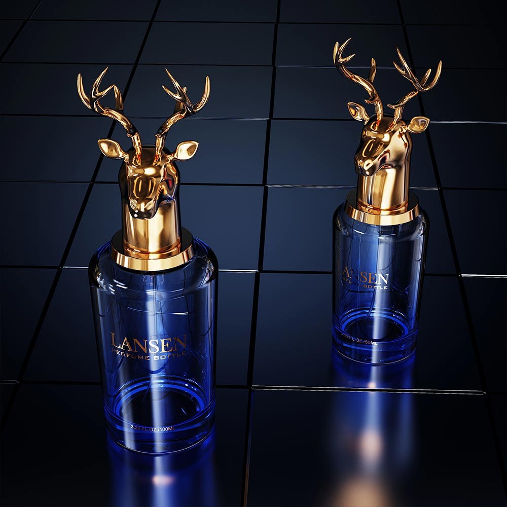 blue glass perfume bottles with gold deer head caps standing on a dark reflective grid