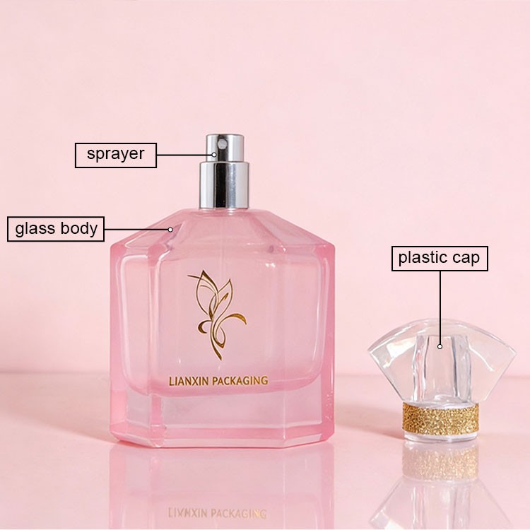 chamfered corner perfume bottle structure diagram labelling the sprayer, the glass body and the plastic cap