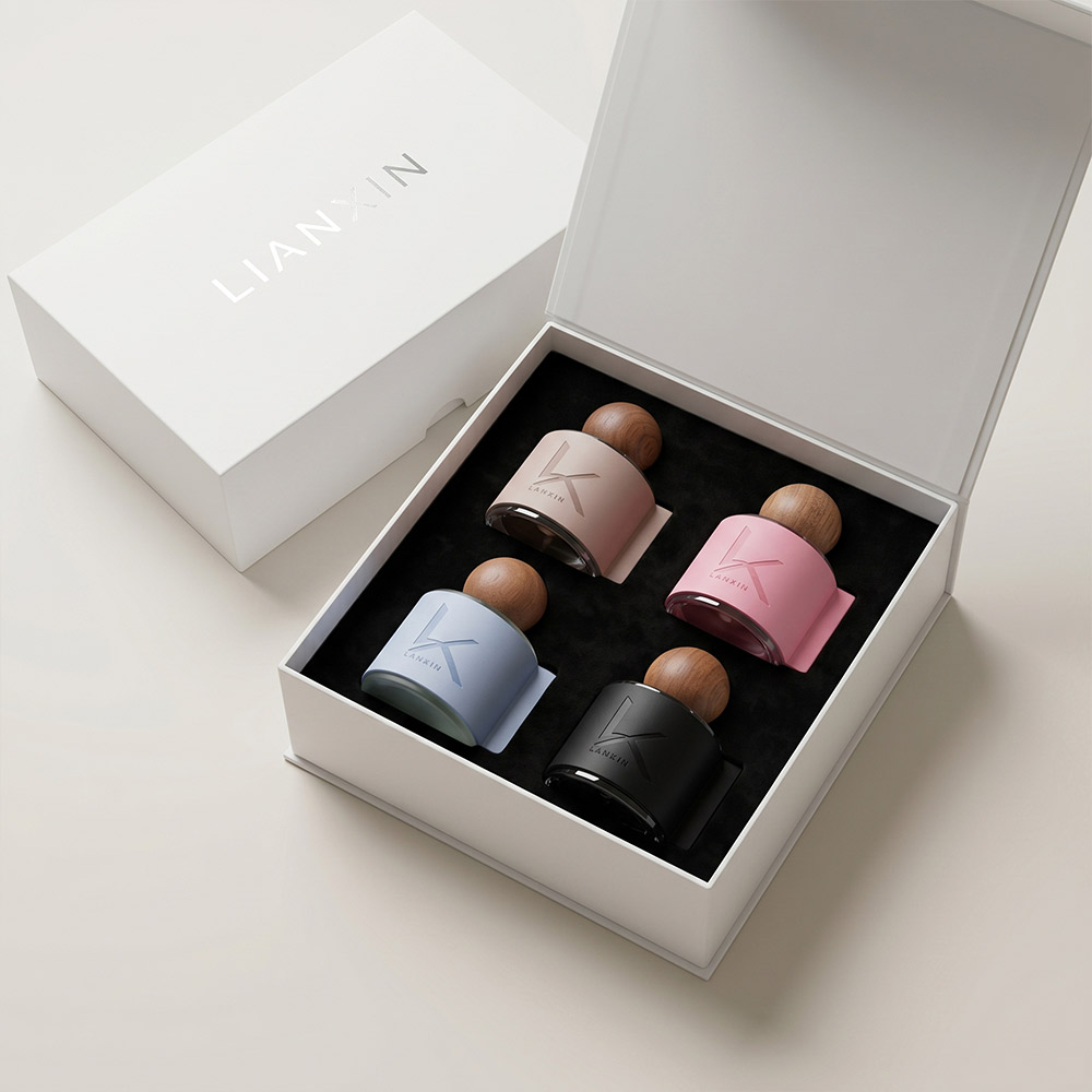 gift box set with four 50ml leather wrapped glass reed diffuser bottles