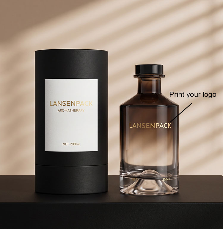Product detail graphic showing custom logo placement on a 200ml smoky brown gradient glass diffuser bottle