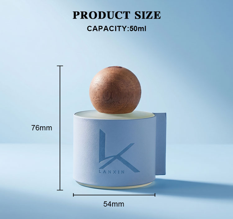 size diagram of 50ml leather wrapped reed diffuser bottle showing 76mm height and 54mm diameter