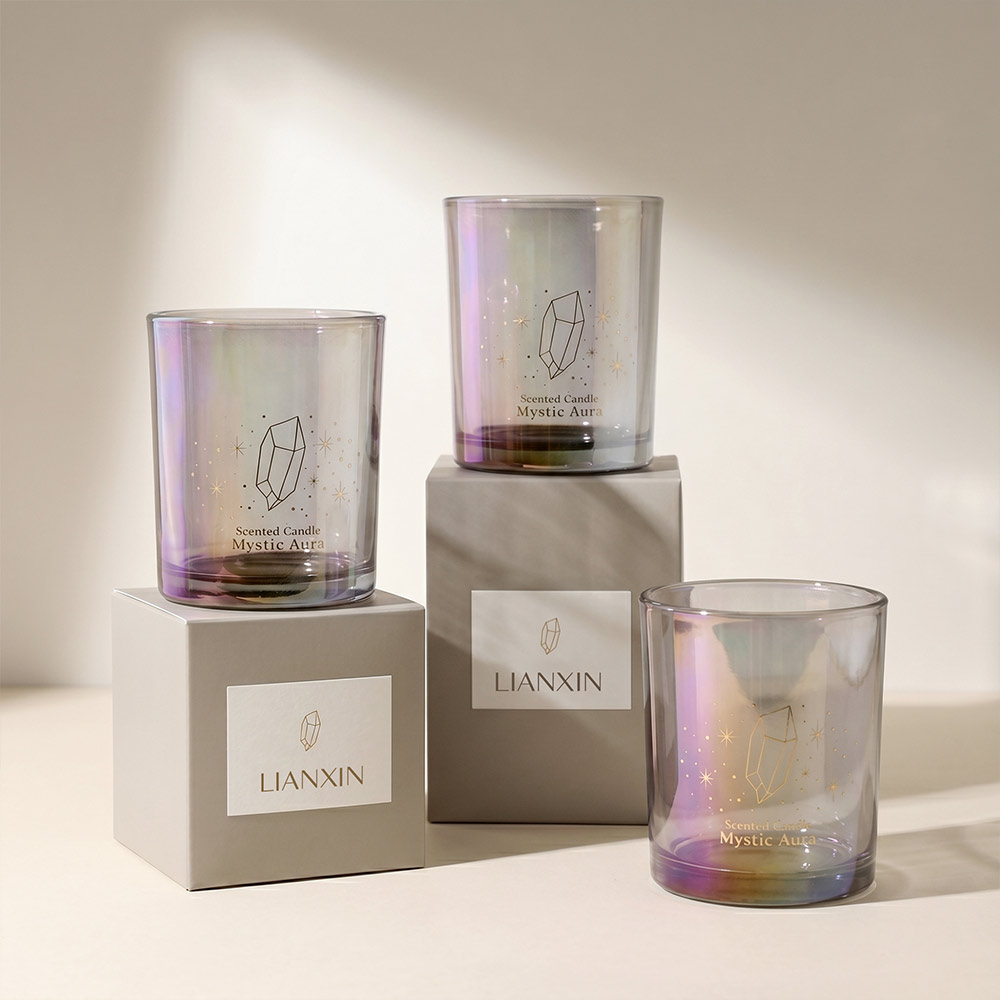 300ml iridescent glass candle jars with custom branded packaging