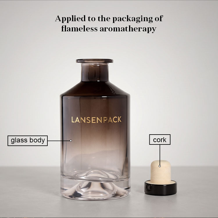Product detail graphic showing the glass body and cork stopper of the smoky brown reed diffuser bottle