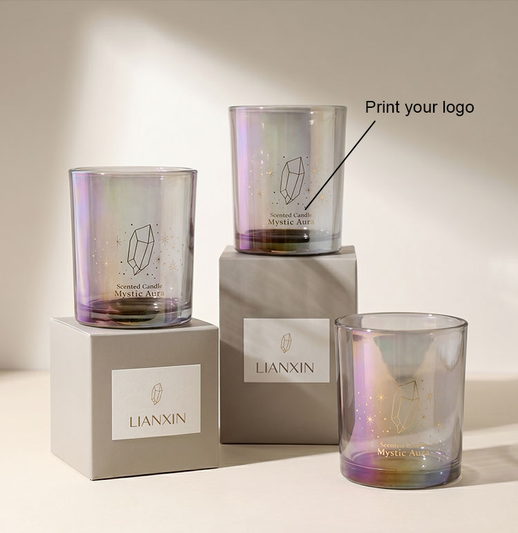 300ml iridescent glass candle jar with custom logo printing option