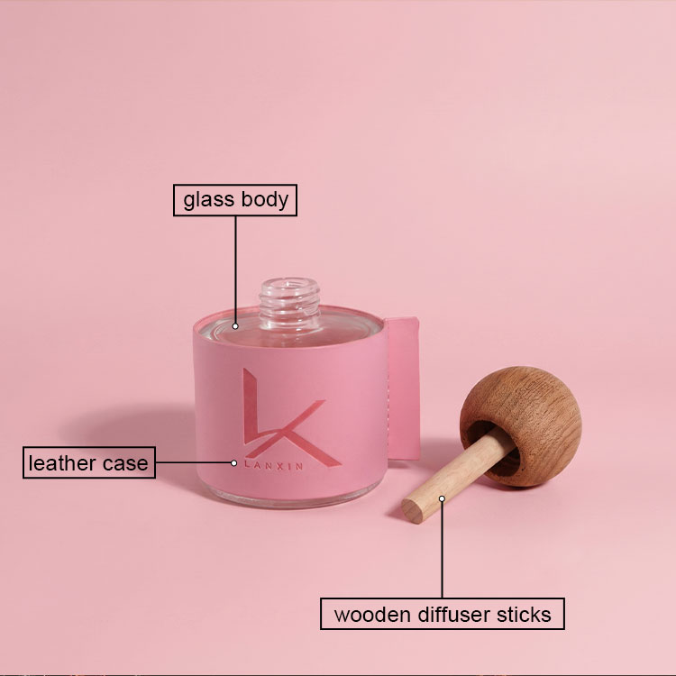 component diagram of 50ml leather wrapped glass reed diffuser bottle and wooden cap