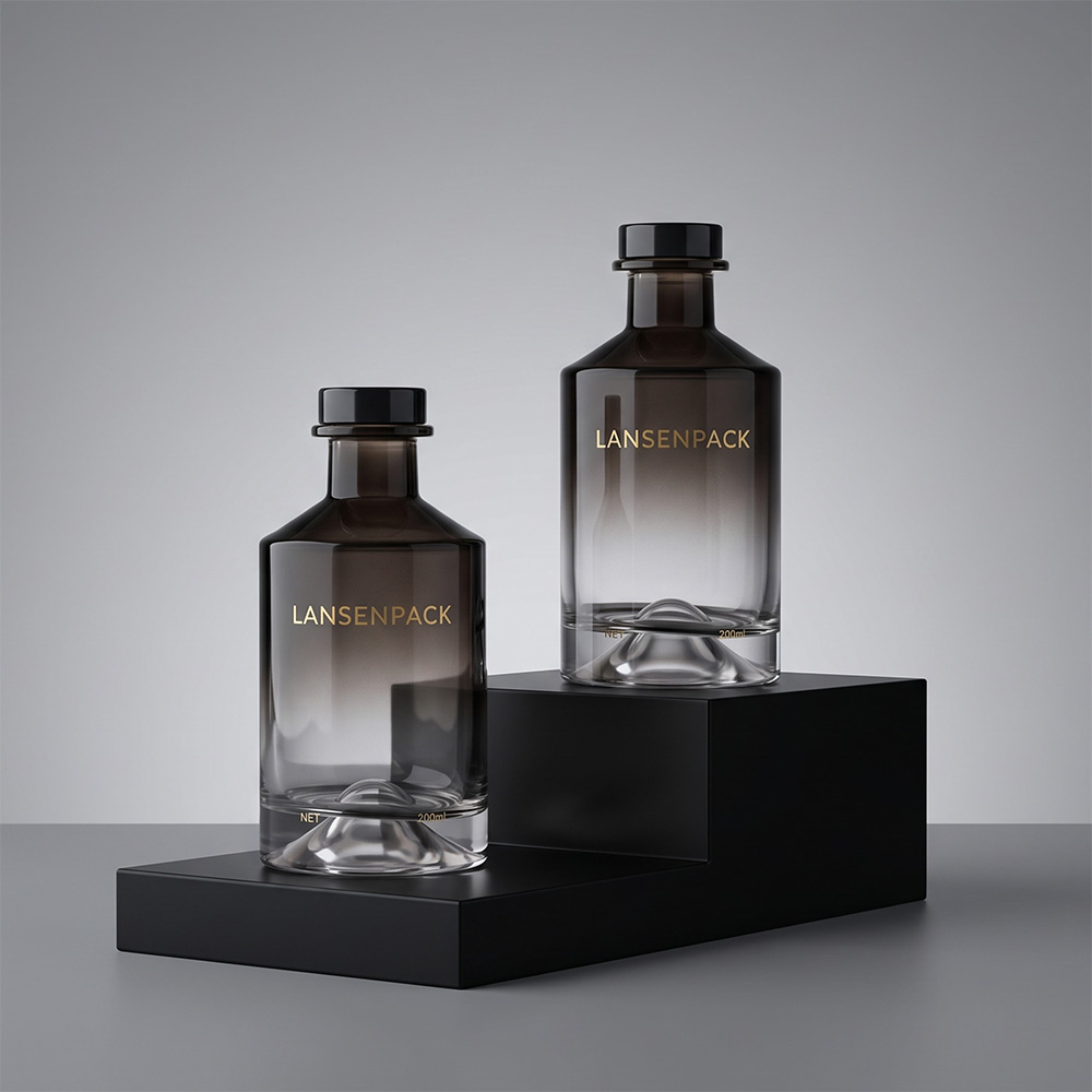 Two 200ml smoky brown gradient glass reed diffuser bottles with black caps on dark display blocks