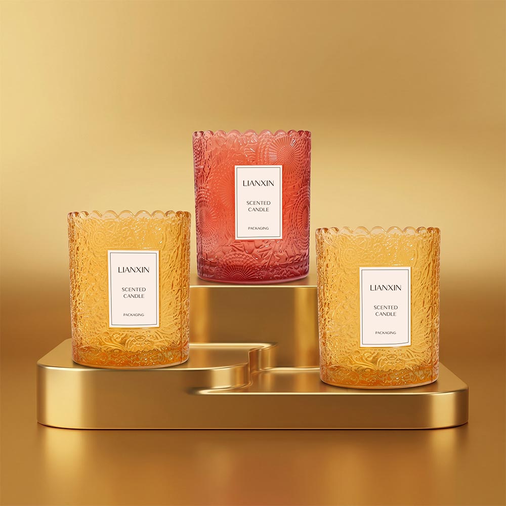 250ml Embossed Colored Glass Candle Jar for Scented Candles 3 Three 250ml embossed colored glass candle jars in amber and red