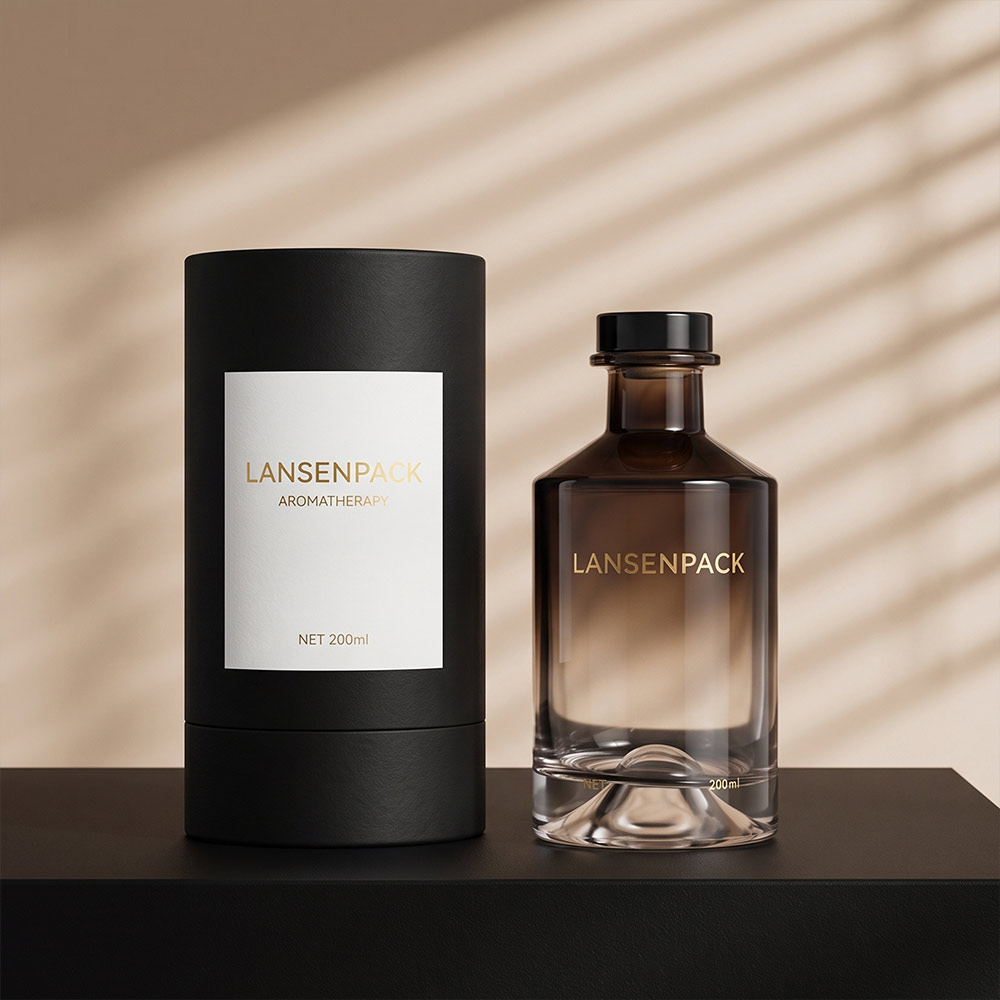 200ml smoky brown gradient glass diffuser bottle with black cap beside a black gift tube