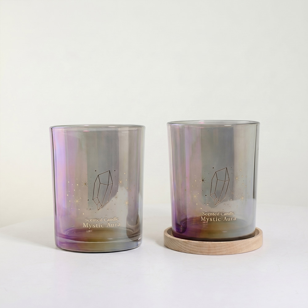 Two 300ml iridescent glass candle jars with aurora rainbow finish