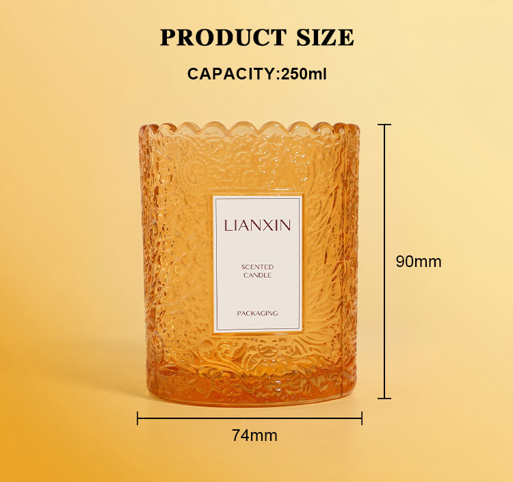 250ml Embossed Colored Glass Candle Jar for Scented Candles 6 250ml embossed glass candle jar size 74mm diameter by 90mm height