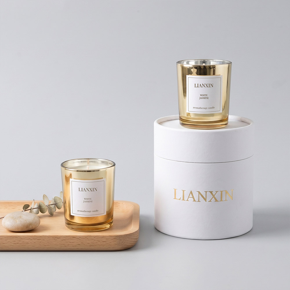 95ml Metallic Gold Glass Candle Jar with Custom Packaging 2 Two 95ml gold glass candle jars with custom paper tube packaging