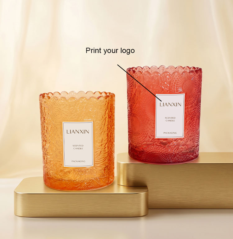 250ml Embossed Colored Glass Candle Jar for Scented Candles 7 250ml embossed glass candle jars with custom logo printing option