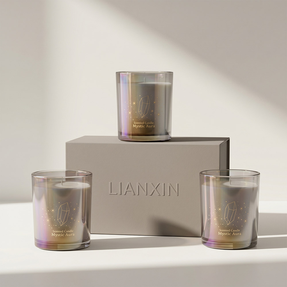 Three 300ml iridescent scented candle jars with luxury gray gift box