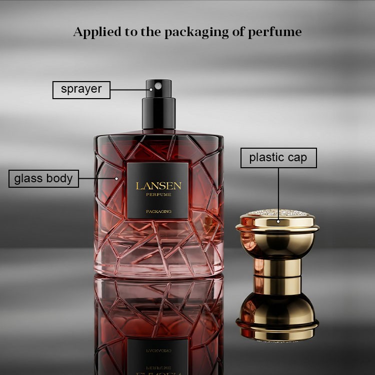 crystal cut perfume bottle structure diagram labelling the sprayer, the glass body and the plastic cap, applied to the packaging of perfume