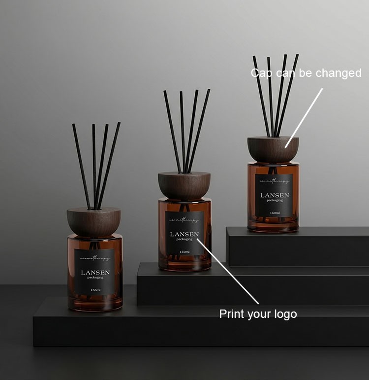 custom 150ml cylindrical glass reed diffuser bottle print your logo with changeable wooden caps