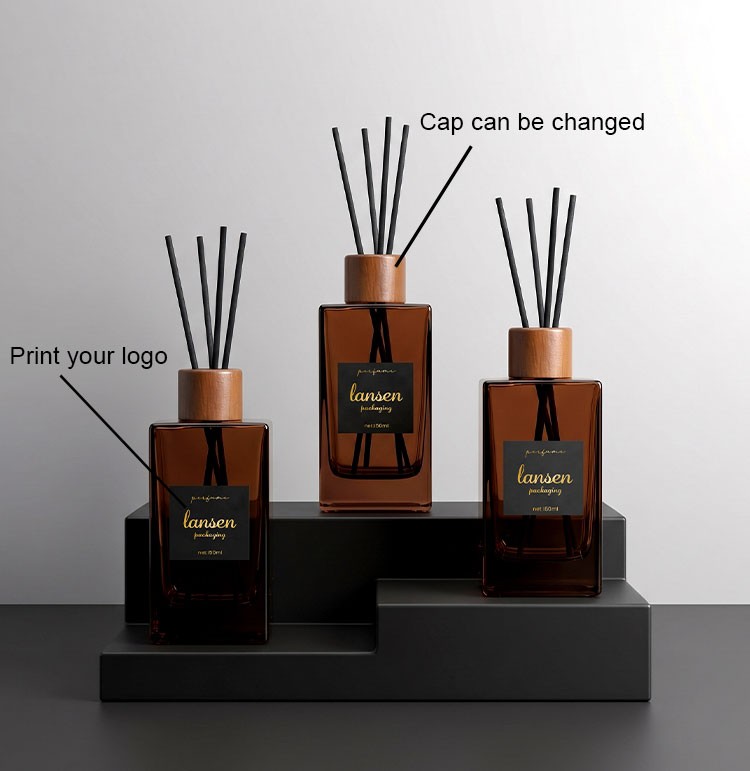custom 150ml rectangular glass reed diffuser bottle print your logo with changeable wooden caps