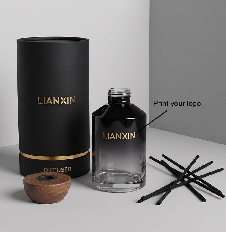200ml Smoky Black Gradient Glass Reed Diffuser Bottle with Wooden Cap 6 custom 200ml glass reed diffuser bottle print your logo decoration with gift tube