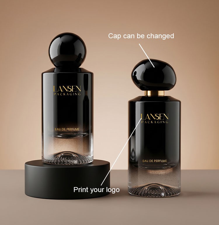 custom black gradient perfume bottles showing a changeable spherical cap and a printed brand logo across two cap profiles