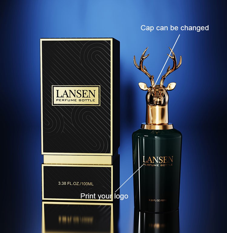 custom deer head perfume bottle showing a changeable gold stag cap and printed logo beside a black and gold gift box