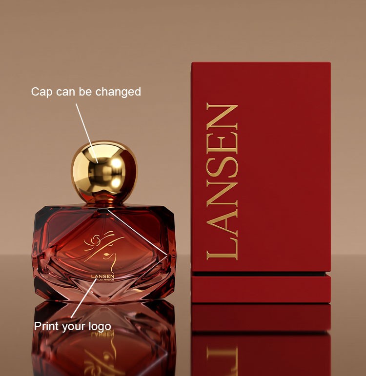 custom diamond cut perfume bottle beside a red gift box showing a changeable cap and a printed brand logo