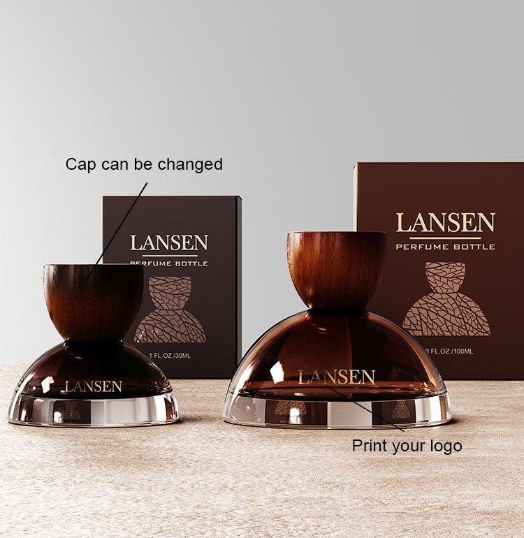 custom dome shaped perfume bottles with wood grain caps showing a changeable cap and a printed logo beside matching gift boxes
