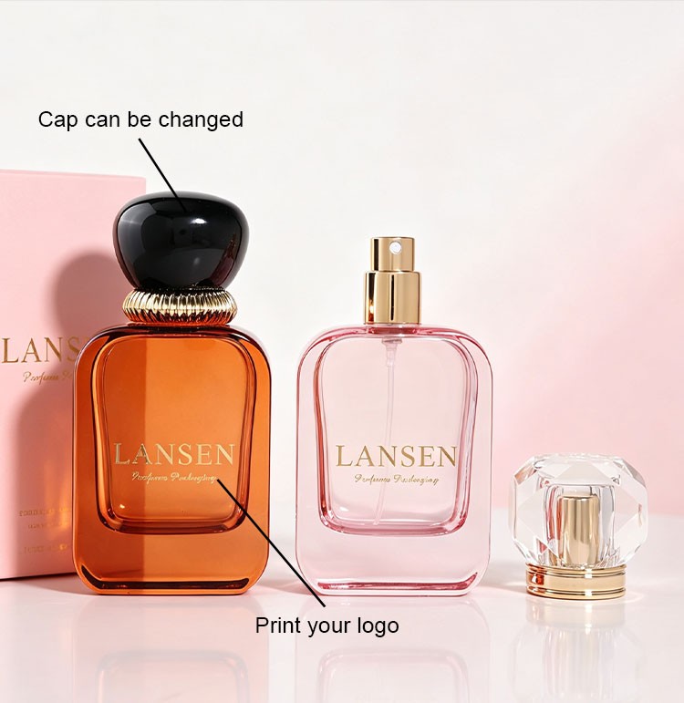 custom flat square perfume bottles showing a changeable black dome cap and a faceted acrylic cap with a printed logo