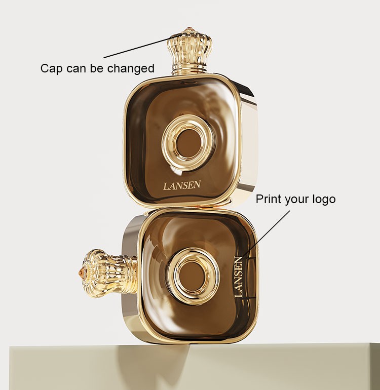 custom flat square perfume bottles in amber with gold crown caps showing a changeable cap and printed logo
